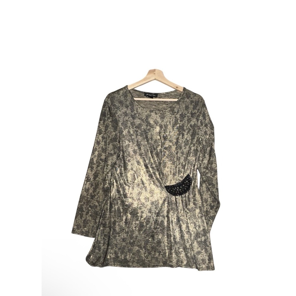 VTG Michael Tyler  Womens Sz L Green Metallic Long Sleeve Tunic Top Glam Holiday